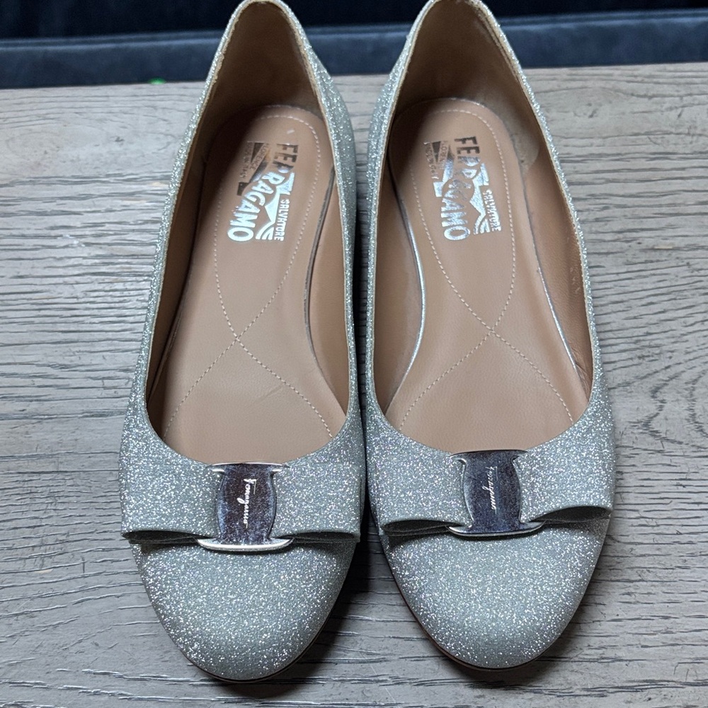 Salvatore Ferragamo Silver Glitter Flats with Bow